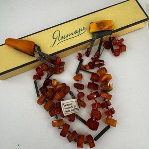 VINTAGE Baltic White Butterscotch Amber Silver Necklace Shantel USSR Soviet